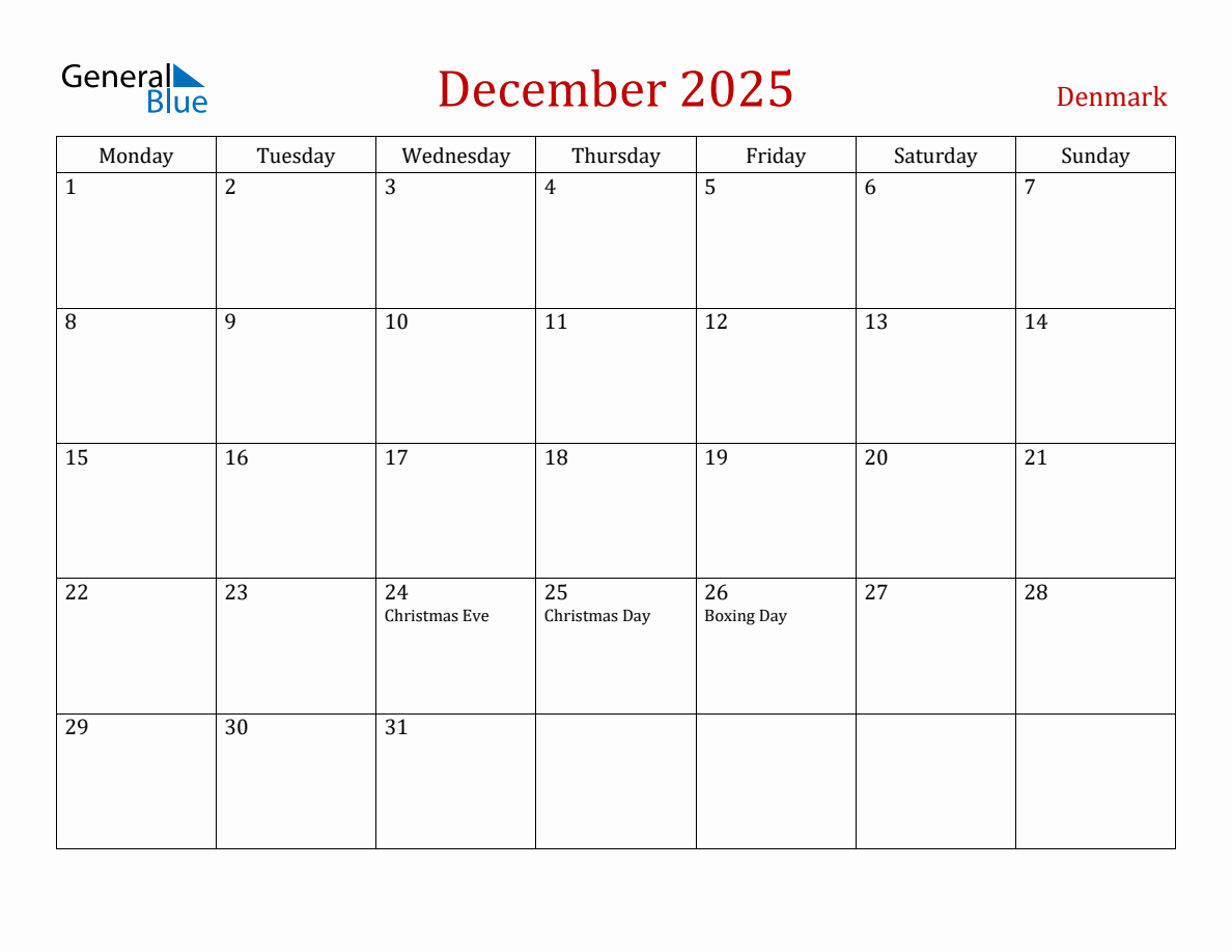 December 2025 Denmark Monthly Calendar with Holidays