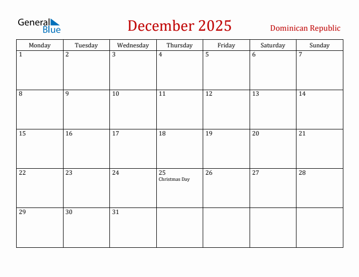 Dominican Republic December 2025 Calendar - Monday Start