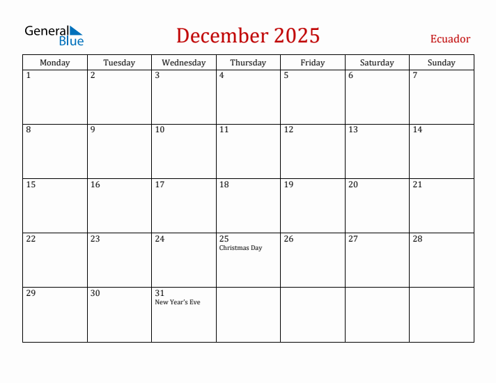 Ecuador December 2025 Calendar - Monday Start
