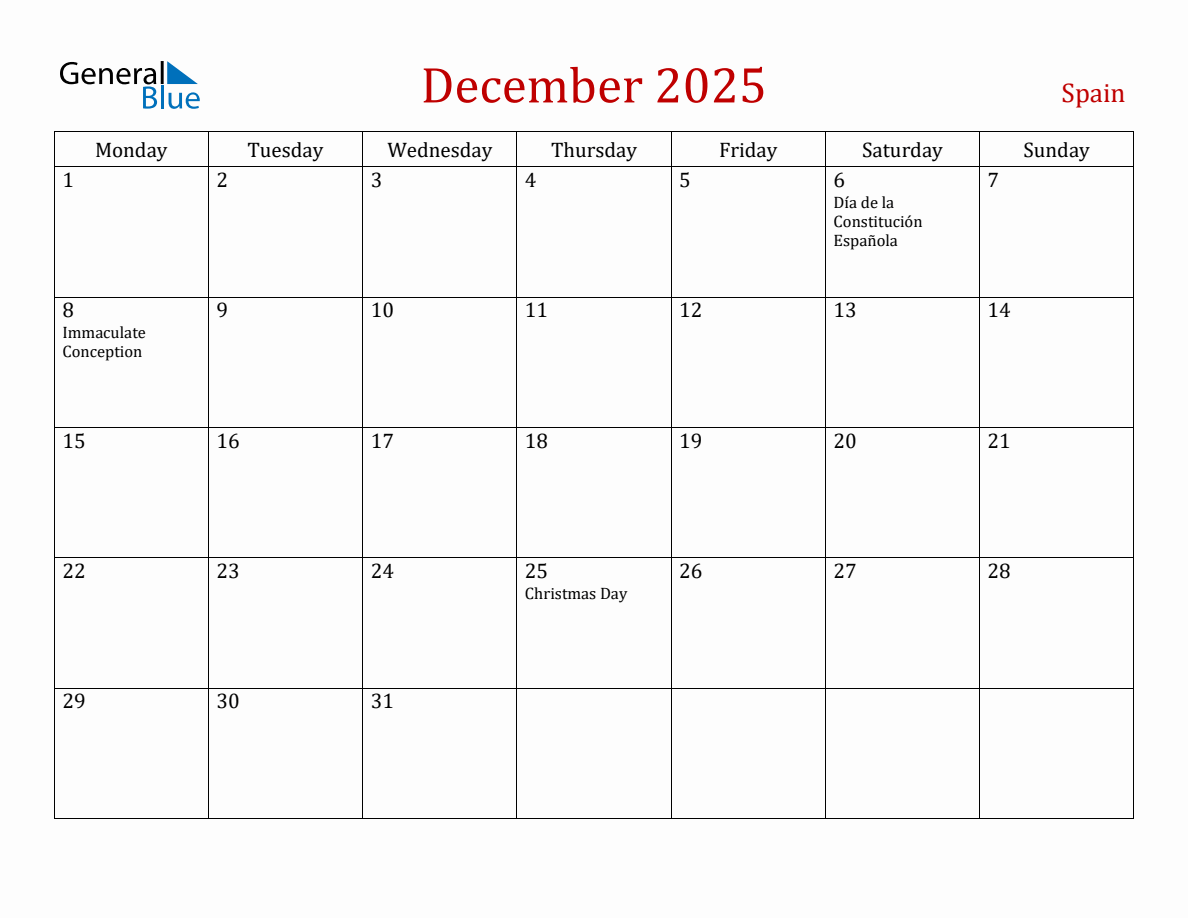 December 2025 Spain Monthly Calendar with Holidays