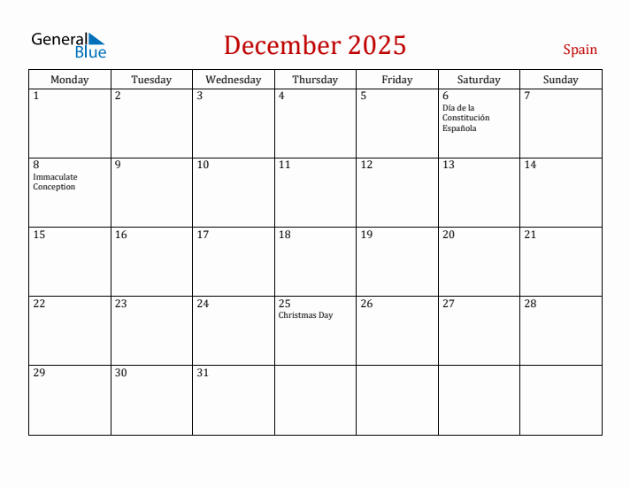 Spain December 2025 Calendar - Monday Start