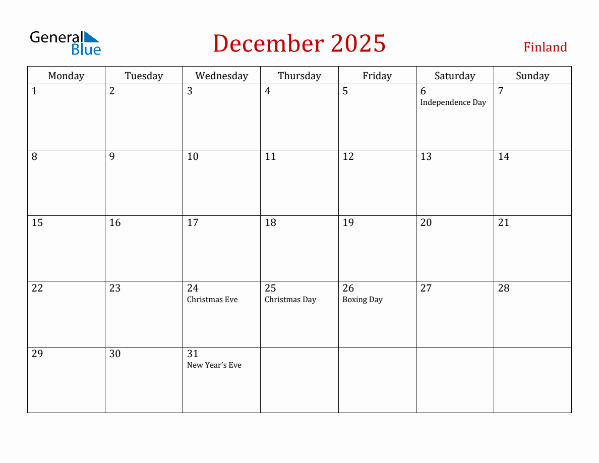 December 2025 Finland Monthly Calendar with Holidays