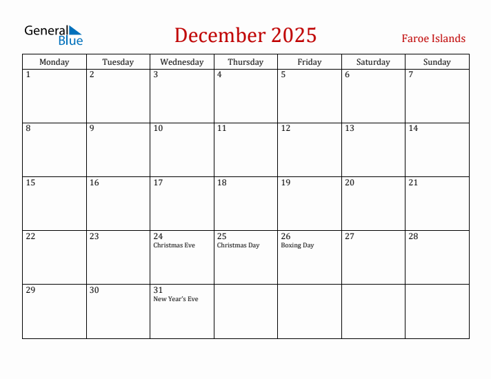 Faroe Islands December 2025 Calendar - Monday Start