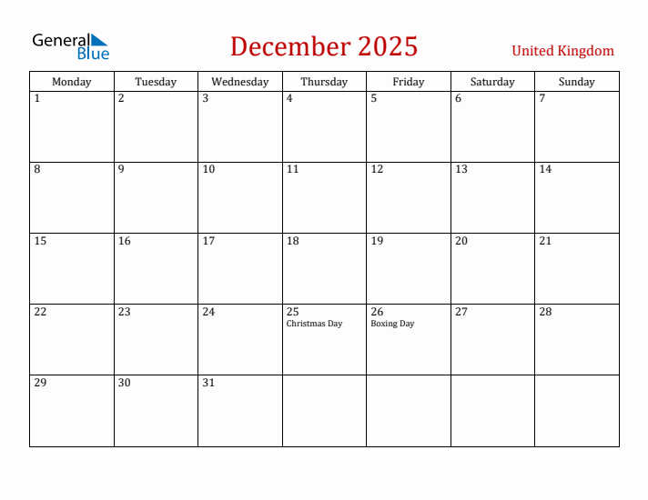 United Kingdom December 2025 Calendar - Monday Start