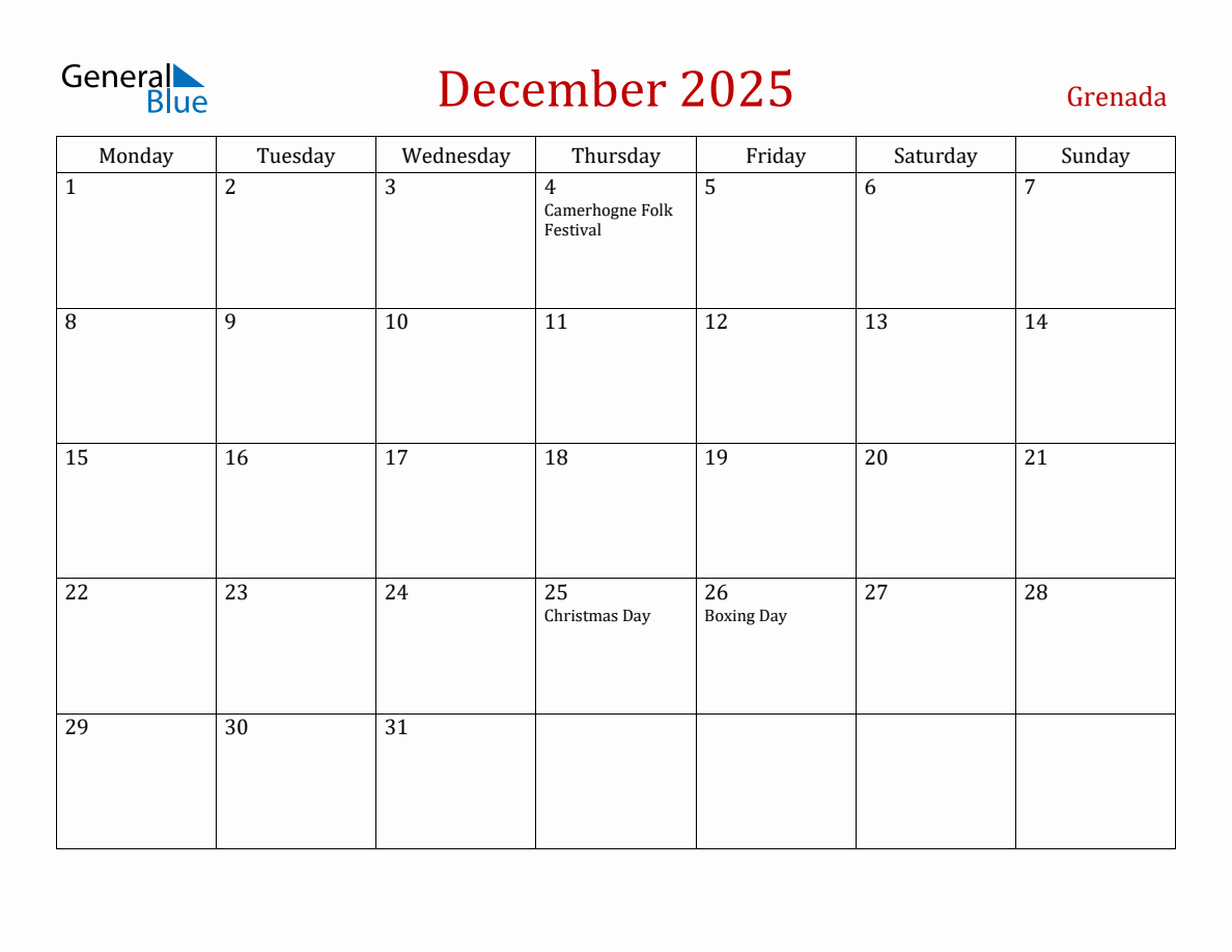 December 2025 Grenada Monthly Calendar with Holidays