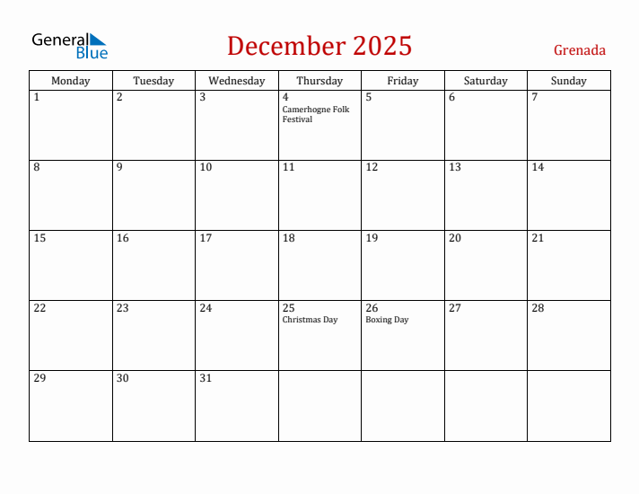Grenada December 2025 Calendar - Monday Start