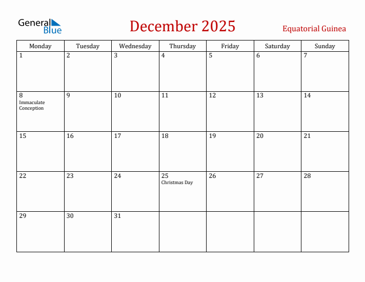 Equatorial Guinea December 2025 Calendar - Monday Start