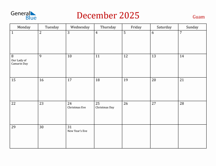 Guam December 2025 Calendar - Monday Start