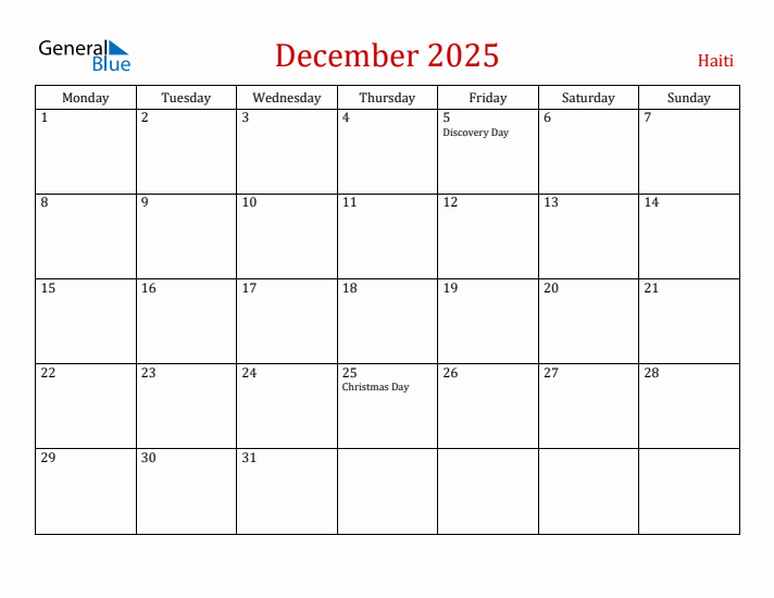 Haiti December 2025 Calendar - Monday Start