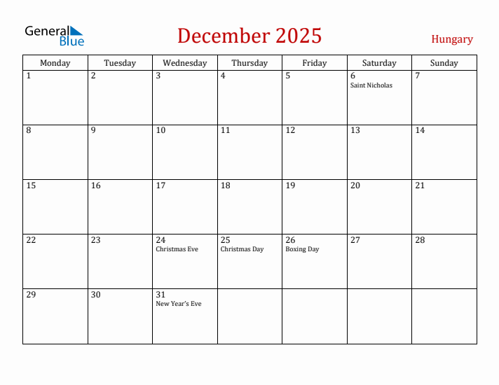 Hungary December 2025 Calendar - Monday Start