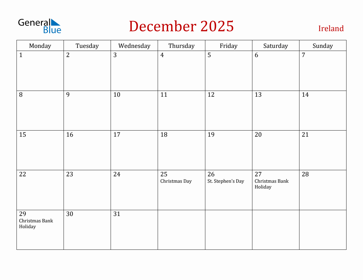 December 2025 Ireland Monthly Calendar with Holidays