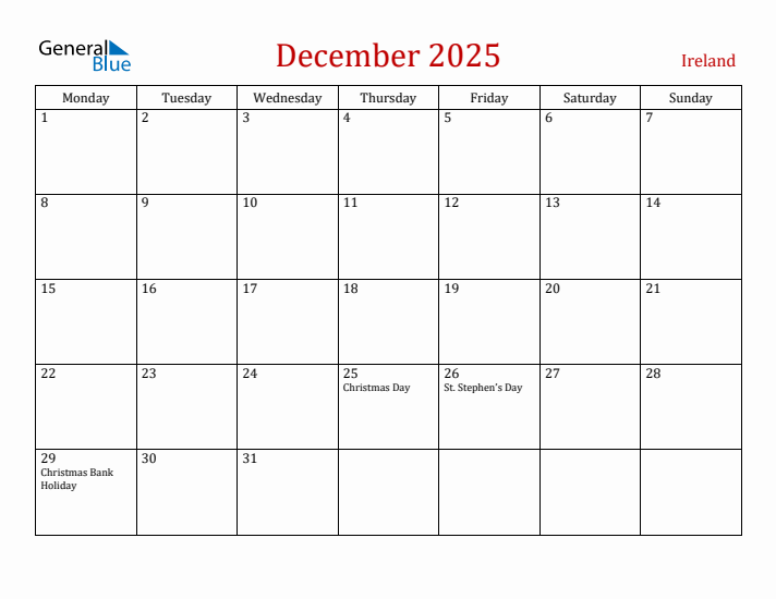 Ireland December 2025 Calendar - Monday Start
