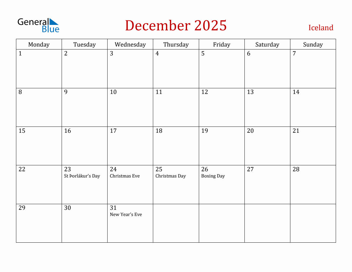 December 2025 Iceland Monthly Calendar with Holidays