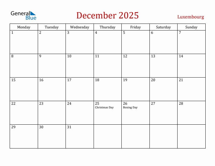 Luxembourg December 2025 Calendar - Monday Start