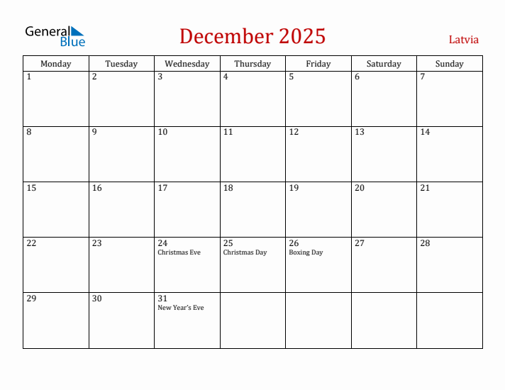 Latvia December 2025 Calendar - Monday Start