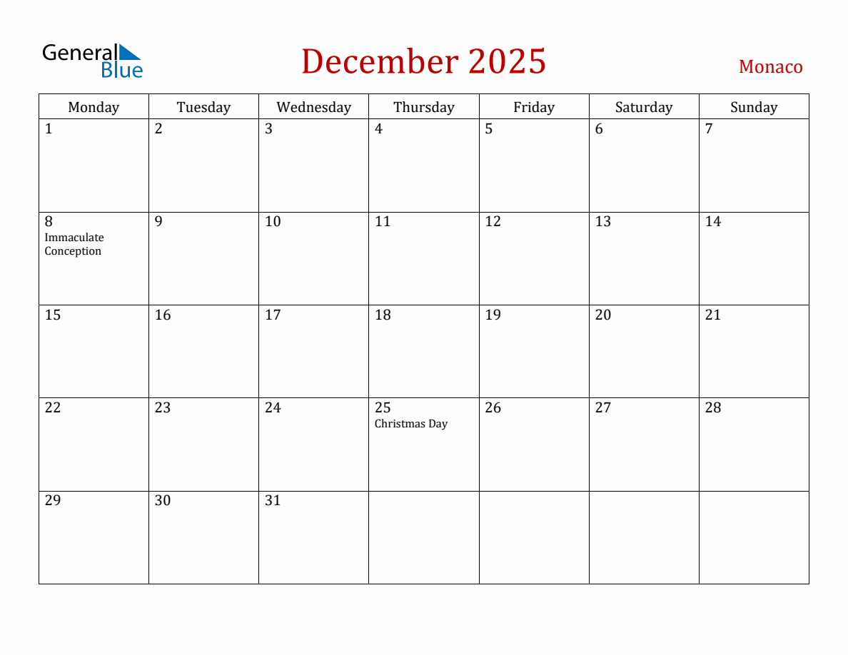 December 2025 Monaco Monthly Calendar with Holidays