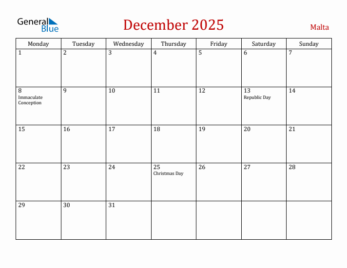 Malta December 2025 Calendar - Monday Start