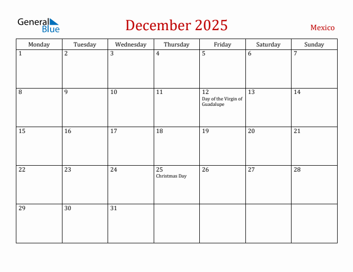 Mexico December 2025 Calendar - Monday Start