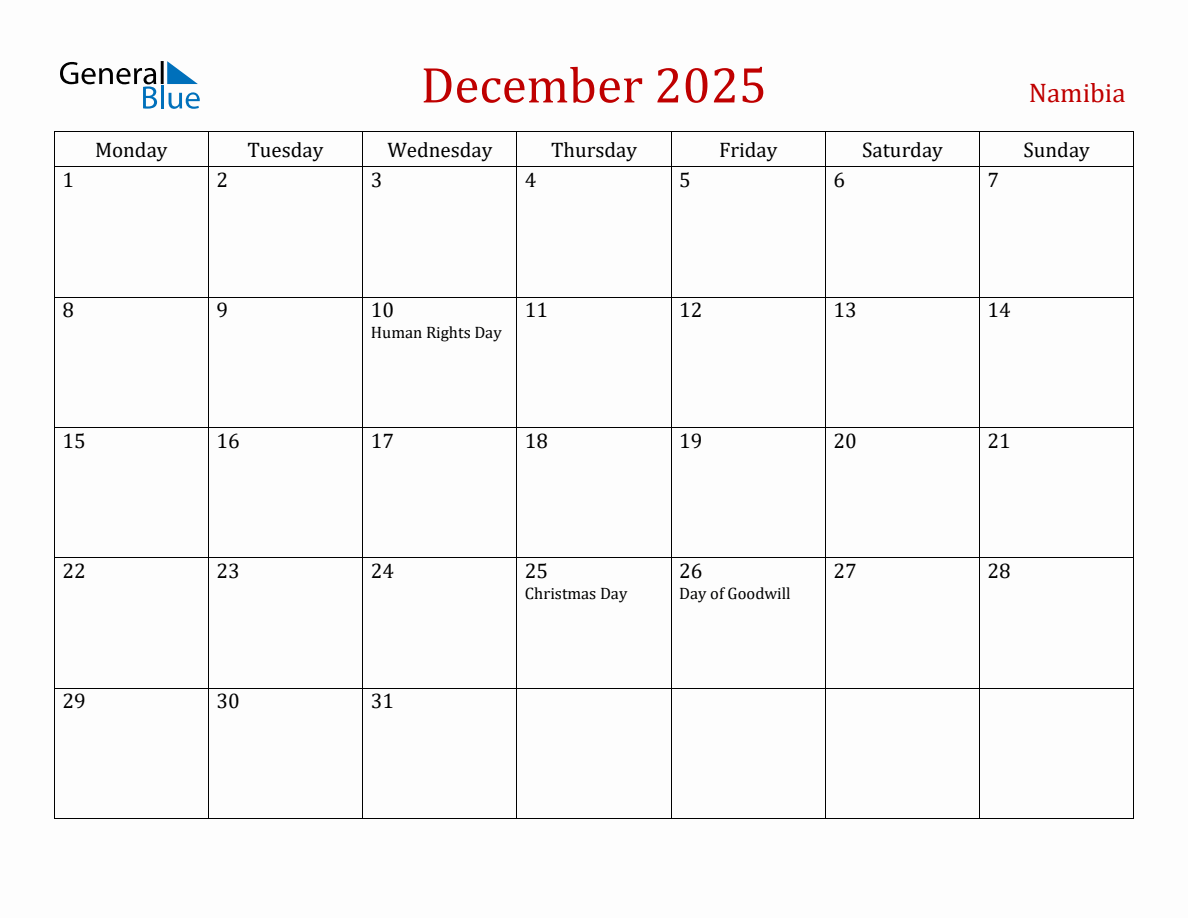 December 2025 Namibia Monthly Calendar with Holidays