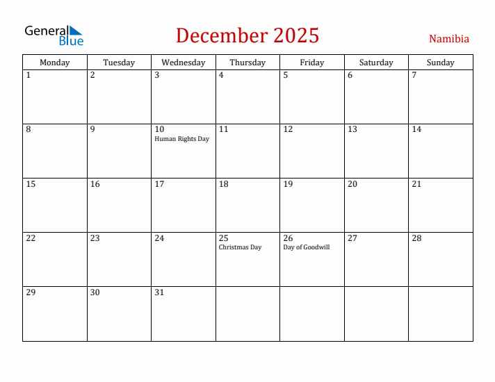 Namibia December 2025 Calendar - Monday Start