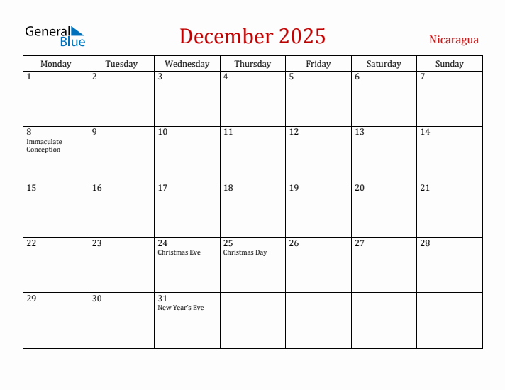 Nicaragua December 2025 Calendar - Monday Start