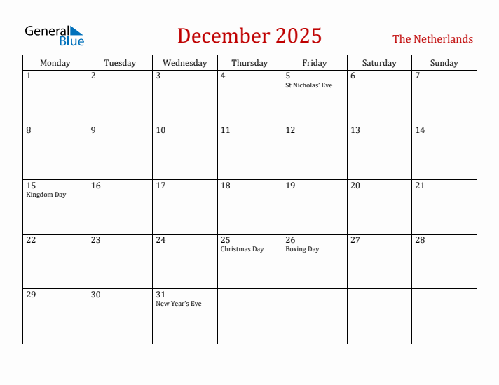 The Netherlands December 2025 Calendar - Monday Start
