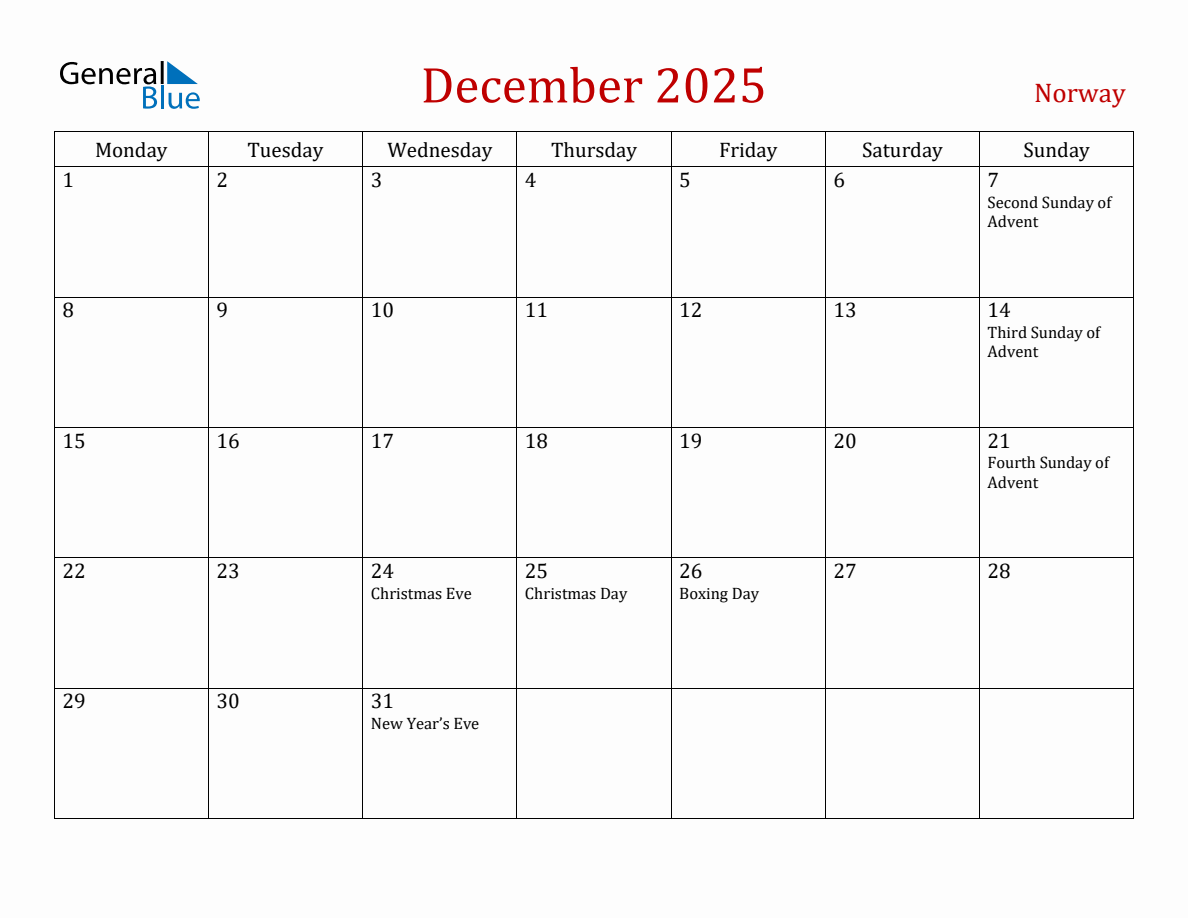 December 2025 Norway Monthly Calendar with Holidays