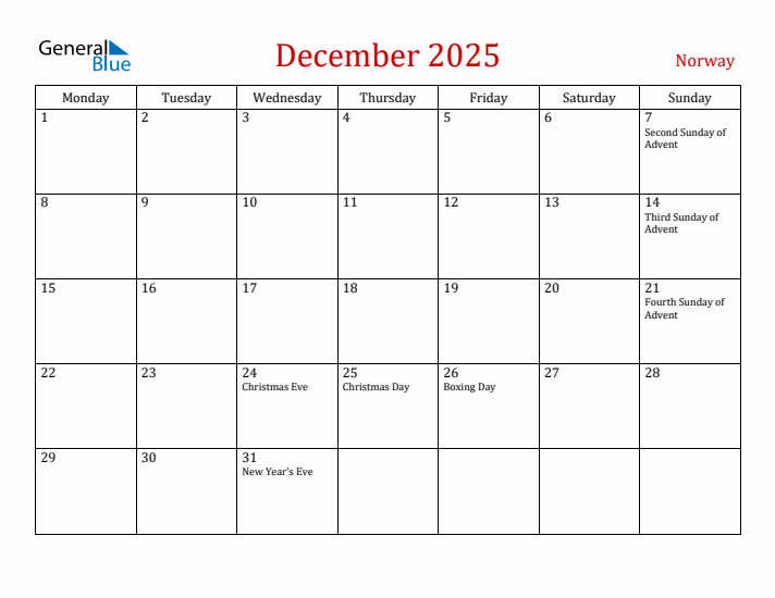 Norway December 2025 Calendar - Monday Start