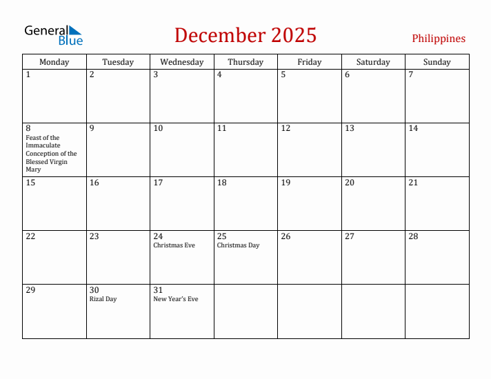 Philippines December 2025 Calendar - Monday Start