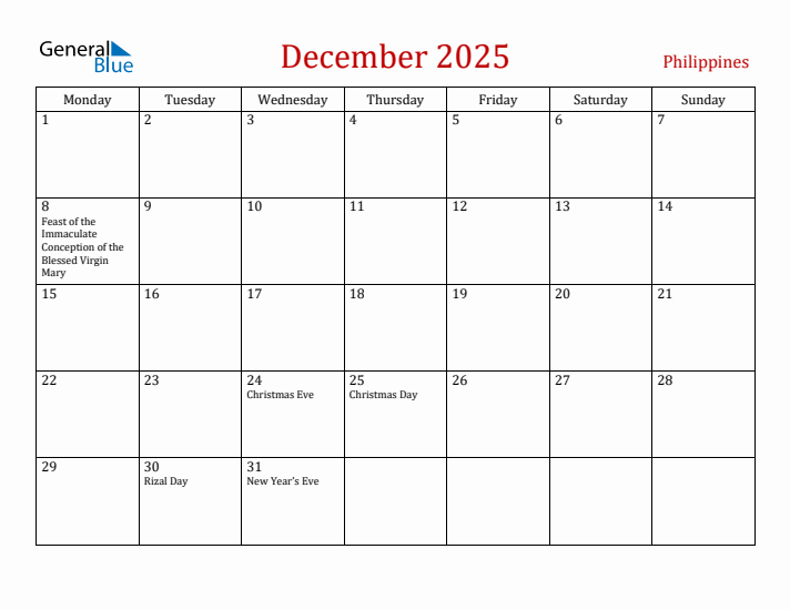 December 2025 Philippines Monthly Calendar with Holidays