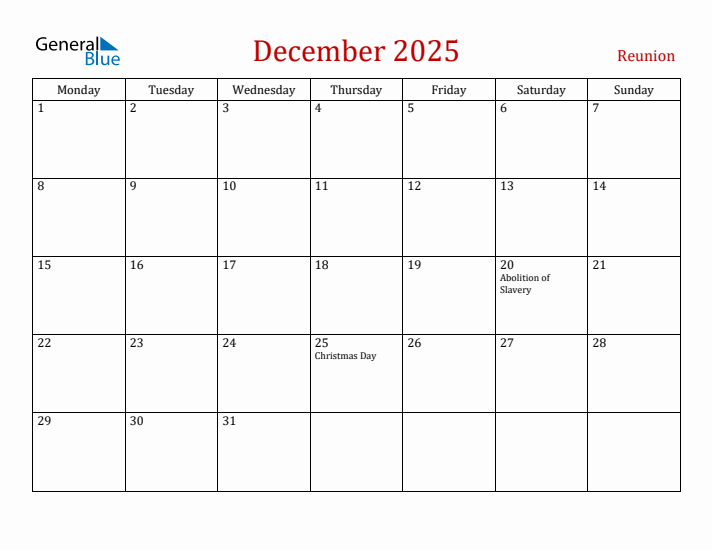 December 2025 Reunion Monthly Calendar with Holidays