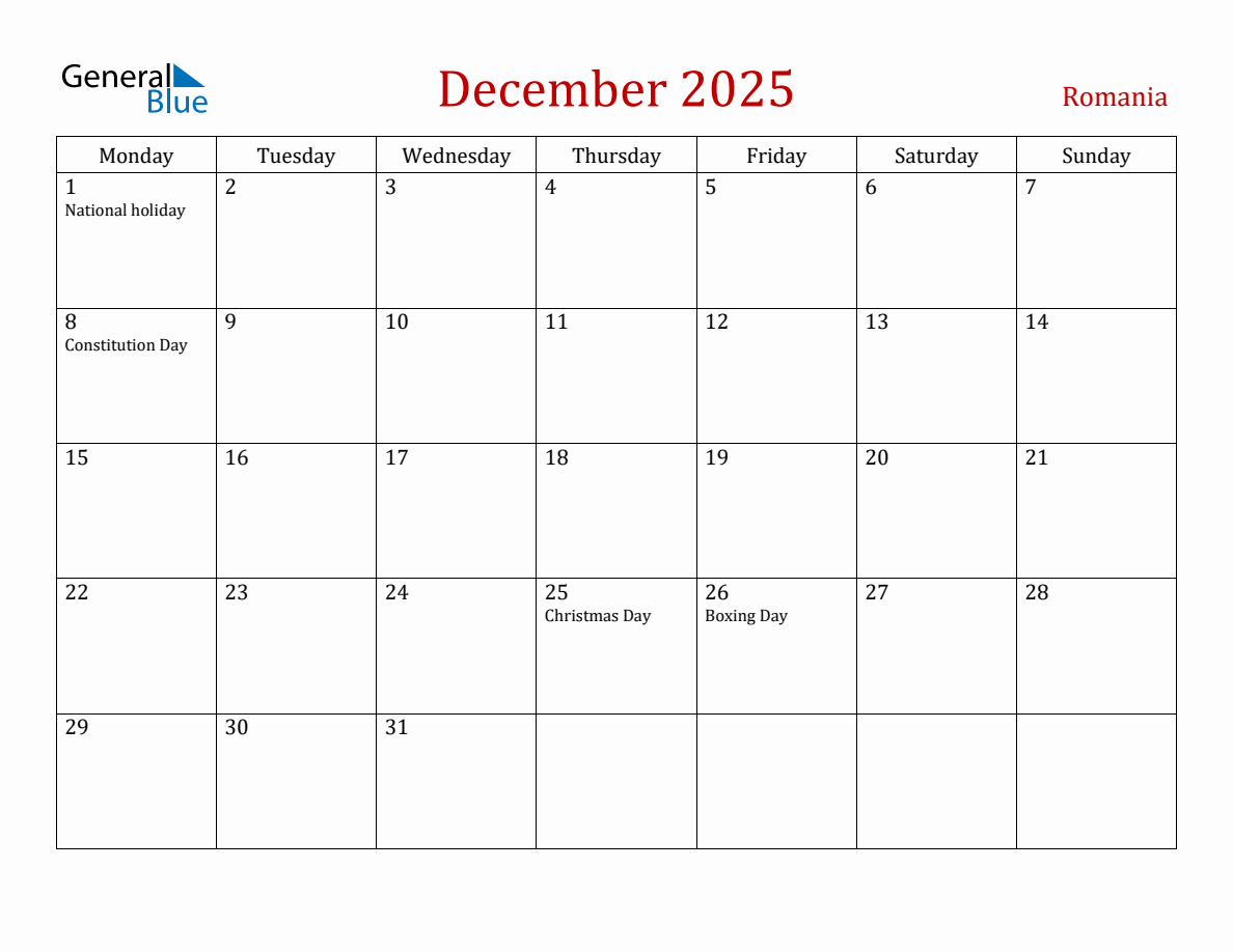 December 2025 Romania Monthly Calendar with Holidays