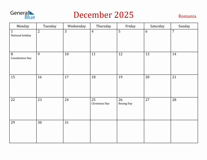 Romania December 2025 Calendar - Monday Start