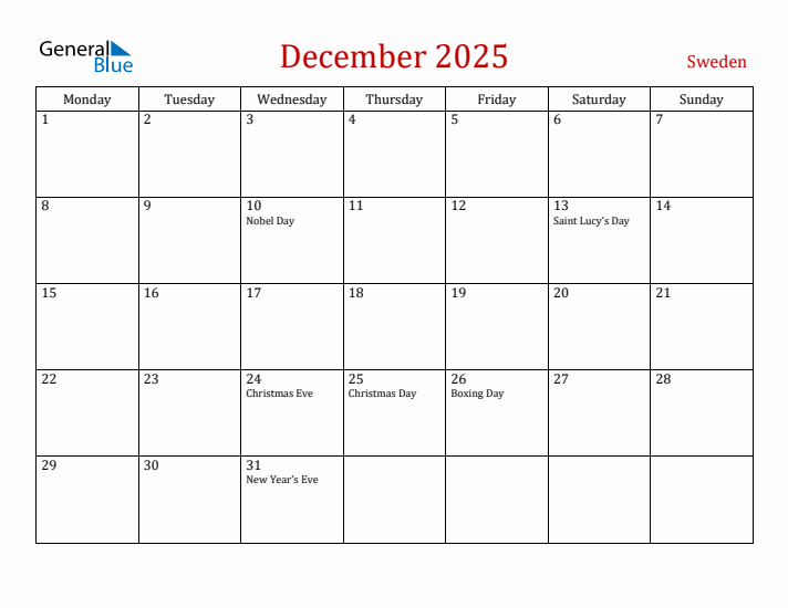 Sweden December 2025 Calendar - Monday Start