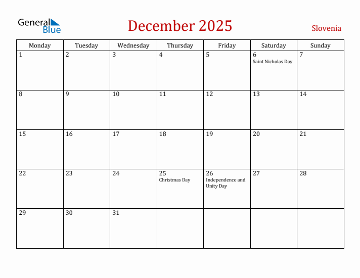 Slovenia December 2025 Calendar - Monday Start