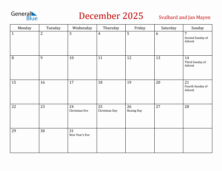Svalbard and Jan Mayen December 2025 Calendar - Monday Start