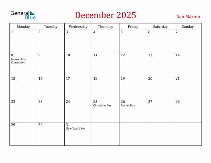 San Marino December 2025 Calendar - Monday Start