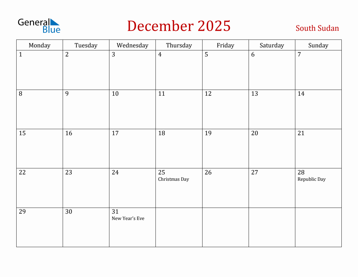 December 2025 South Sudan Monthly Calendar with Holidays