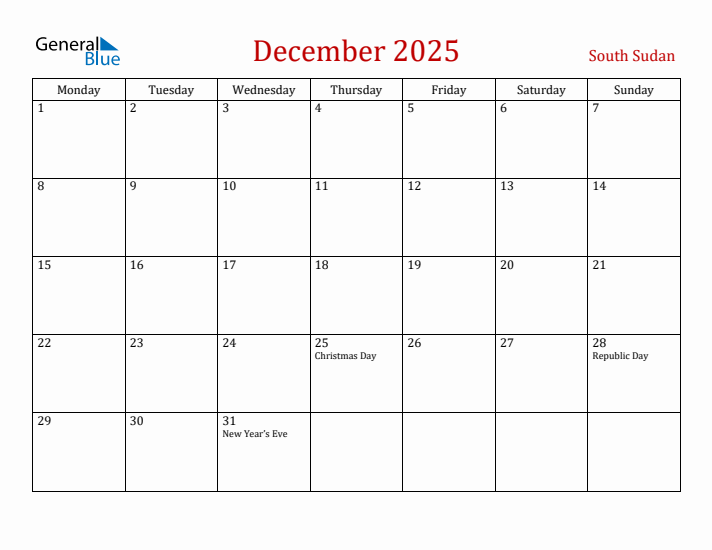 South Sudan December 2025 Calendar - Monday Start