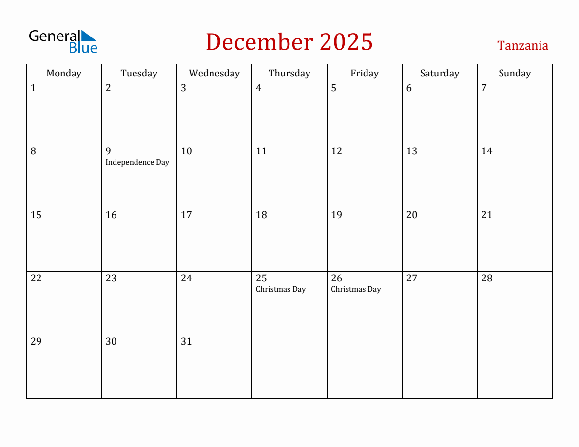 December 2025 Tanzania Monthly Calendar with Holidays