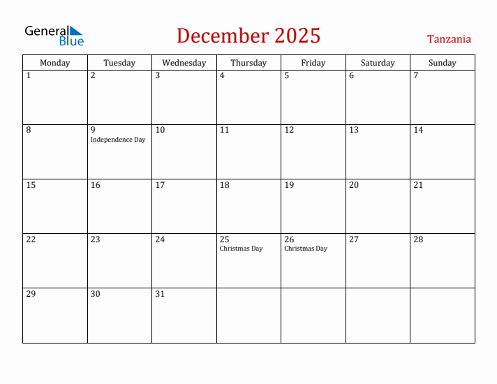 Tanzania December 2025 Calendar - Monday Start