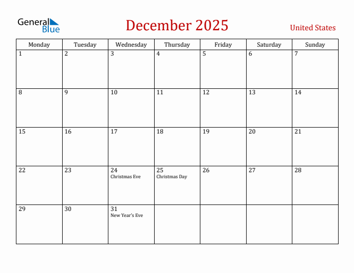 United States December 2025 Calendar - Monday Start