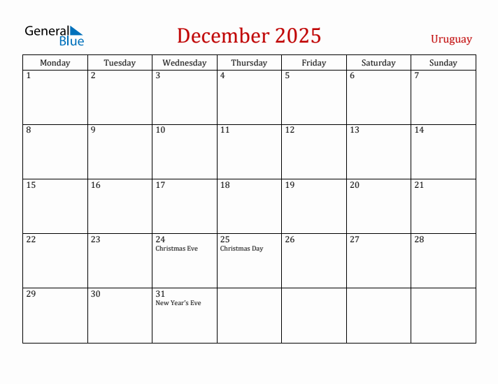 Uruguay December 2025 Calendar - Monday Start