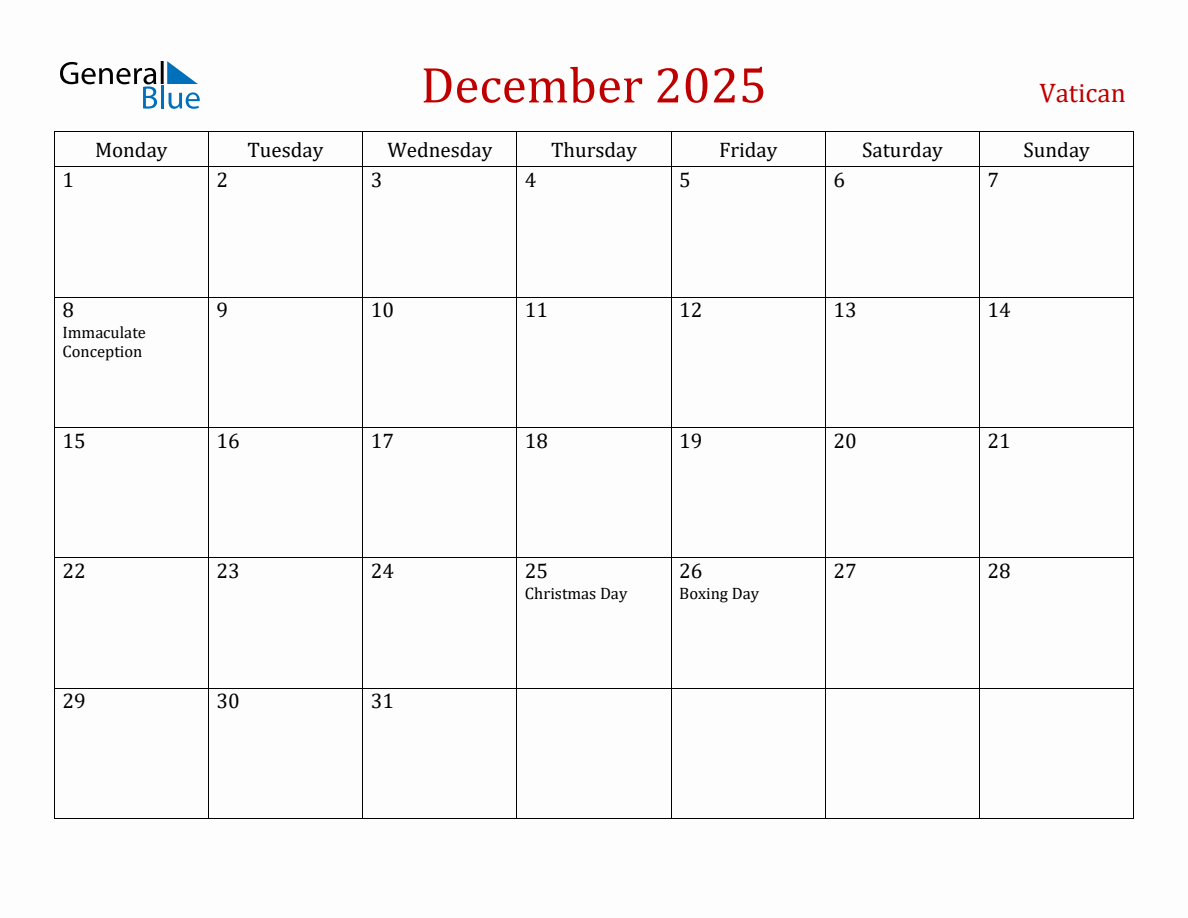 December 2025 Vatican Monthly Calendar with Holidays