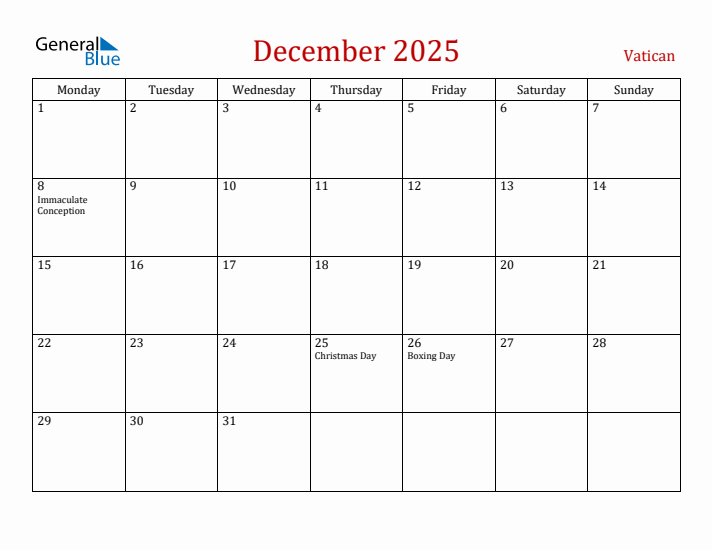 Vatican December 2025 Calendar - Monday Start