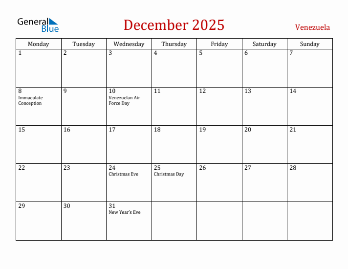 Venezuela December 2025 Calendar - Monday Start