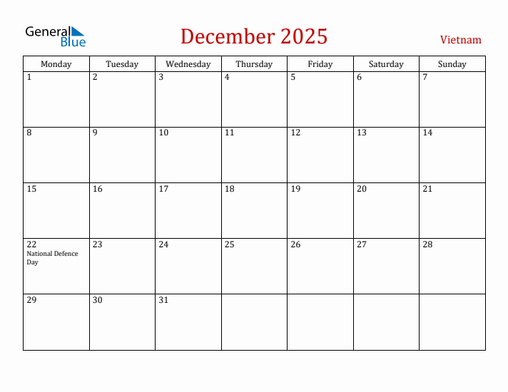 Vietnam December 2025 Calendar - Monday Start
