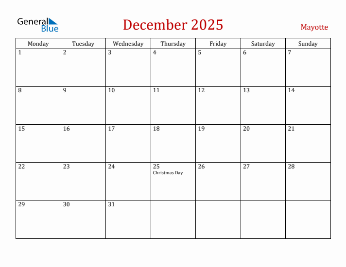 Mayotte December 2025 Calendar - Monday Start