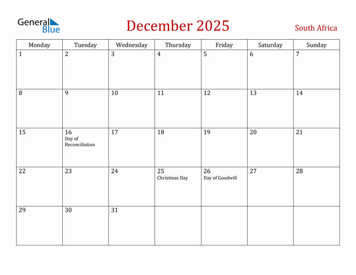 December 2025 South Africa Monthly Calendar with Holidays