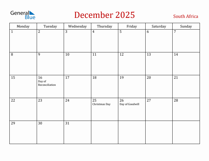 South Africa December 2025 Calendar - Monday Start